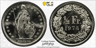 1974 SWITZERLAND Silver 1/2 FRANC - PCGS MS-67 - Image 1 of 3