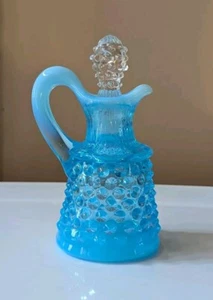 Fenton Glass Blue Opalescent Hobnail Cruet Bottle w/ Clear Glass Stopper - Picture 1 of 8