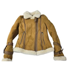 Overland Sheepskin Women's Leather Shearling Bomber Aviator Flight Jacket XS - Picture 1 of 23