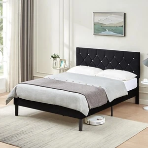 Twin/Full/Queen Bed Frame with Upholstered Adjustable Diamond Tufted Headboard - Picture 1 of 34