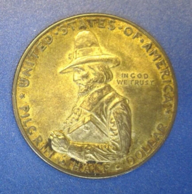 1920-D Pilgrim Tercentenary Commemorative Silver Half Dollar XF/AU ~ Nice Toning - Image 1 of 2