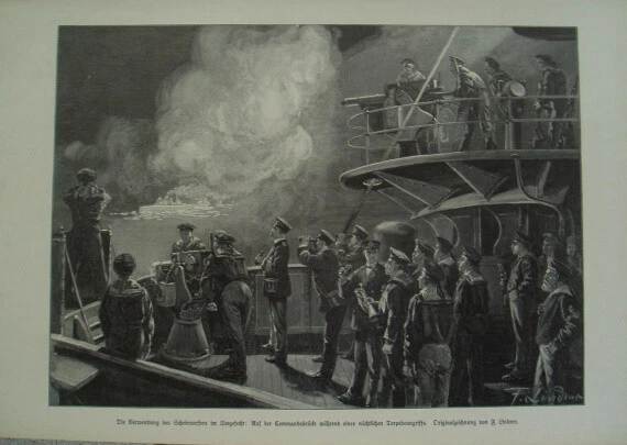 063 F. Lindner Seegefecht Torpedoangriff Kriegsschiff Großbild 38x27 cm 1900 - Bild 1 von 4