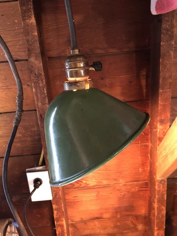 Antique Enamel Pendant Shade OG 30’s QUAD Reflector label Light Lamp Yost Work Cover