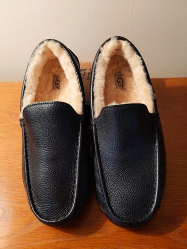 Mocassini UGG Uomo Ascot Nero Pelle Ciabatta Lana Pelliccia 5379B Taglia 10