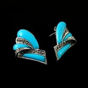 Elegantes pendientes de turquesa y piedras preciosas de marcasita en plata de ley 925 - Imagen 1 de 3