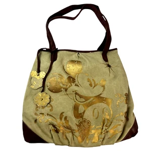 DISNEY WORLD Tote Bag Gold Distressed Mickey Mouse Two Charms Magnetic Close Tan - Picture 1 of 7