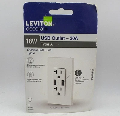 CARGADOR DE PARED DOBLE USB TIPO A LEVITON T5832-BW 3.6A 18W 20A BLANCO Foto 1 de 2