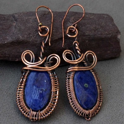 Copper Wire-Wrapped Sodalite Ethnic Huge Earrings Jewelry Size 2.5" MJ - Image 1 of 3