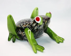 Green Millefiori Aventurine Art Glass Frog Figurine 5.5" Long Toad Paperweight - Picture 1 of 10