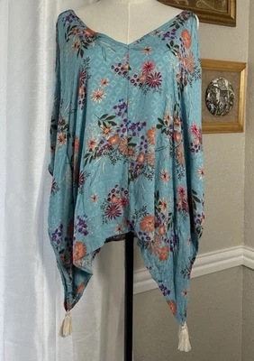 Blusa túnica para mujer talla S turquesa floral cuello en V borla por impresiones Foto 1 de 4