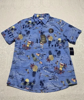 Camisa Haggar Para Hombres Grande Azul Sin Huesdo Calce Ajustado Estampado Hawaiano Aloha Piña Foto 1 de 4