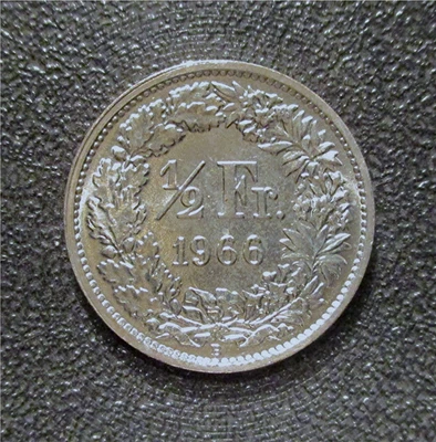 SWITZERLAND-1966- 1/2 FRANC-.835 SILVER-2.5g., NICE GRADE., BERN MINT KM#23 NHK4 - Image 1 of 3