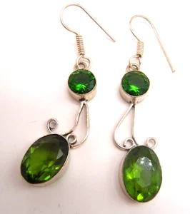 VTG STERLING SILVER  & GREEN FACETED STONE DANGLE EARRINGS - Picture 1 of 6