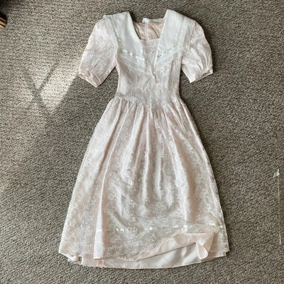 Gunne Sax de Jessica McClintock Vestido de Encaje Vintage Rosa Rubor 5/6 Almohadillas para el Hombro  Foto 1 de 4