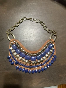 STELLA & DOT "INDIRA" Blue and Gold Tone Beaded Leather Bib Necklace Gold Chain - Picture 1 of 7