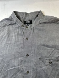HUGO BOSS Mens Collarless Long Sleeve Button Up Shirt Grey 17 1/2 X34/35 #545 - Picture 1 of 17