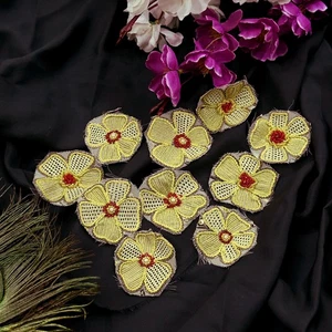 Vintage Yellow pure Georgette Silk Hand Embroidered Rare Appliques - set of 10 - Picture 1 of 9