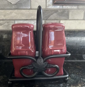 Longaberger Woven Traditions Paprika Salt & Pepper Shakers in Wrought Iron Caddy - Picture 1 of 5