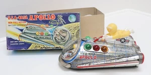 Juguete de hojalata nave espacial Apolo vintage a pilas EE. UU.-NASA con caja Japón - Imagen 1 de 10