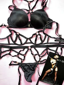 Victoria's Secret 34A BOMBSHELL BRA SET+garter+S thong BLACK gold strappy cutout - Picture 1 of 4