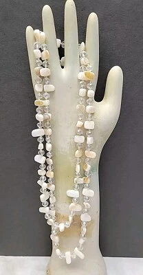  Vintage 1970s Natural Mother of Pearl & Aurora Crystals Hand Knotted Necklace - Image 1 of 4
