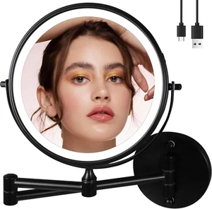 9" Large Black Wall Mount Magnifying Mirror with Light, 3000Mah Rechargeable Li - Picture 1 of 7
