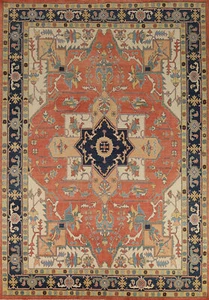Heriz Serapi Orange Hand-Knotted Living Room Carpet in Wool 11' 11" x 9' 2" - Picture 1 of 22