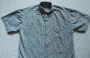 Blue White Red Geometric Short Sleeve Beach Shirt - Large Mens Vtg Beach Retro - Picture 1 of 9