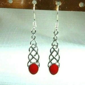 Created Red Coral Sterling Silver Celtic Knot Dangle Hook Earrings - Picture 1 of 9