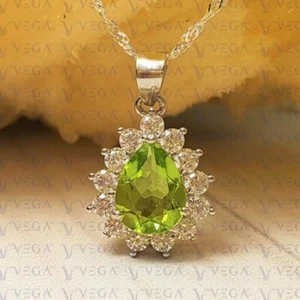 5.00ct Pear Cut Natural Peridot & Diamond Pendant 18k White Gold Plated No Chain - Picture 1 of 11