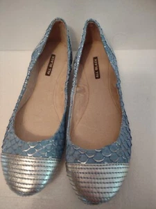 All Black Brand Women's Ballet Flats Shoes Leather Blue Faux Snake & Silver 38.5 - Picture 1 of 6