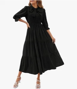 NWT Women's Casual Half Sleeve Tie V Neck Elastic High Waist Dress Black Size S - Picture 1 of 6