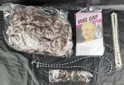 Old Lady Costume Cosplay Granny Halloween Wig Bundle Set Pearls Glasses - NWT - Image 1 of 4