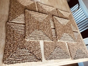 Set of 8 Vintage placemats woven rectangular Rattan natural 12" by 10" Bohemian - Picture 1 of 10