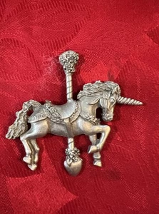 Vintage SPOON Pewter Carousel Unicorn Brooch Pin Carnival Jewelry - Picture 1 of 6