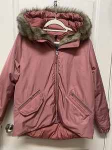 Abercrombie & Fitch Coat Cotton Rise Pink Jacket Faux Fur Trim Size Large - Foto 1 di 14