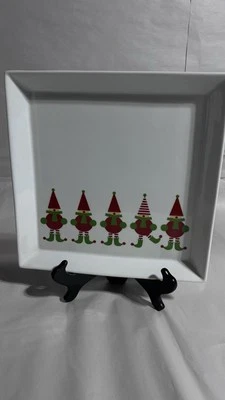 Caja y barril JINGLE ELF plato cuadrado para servir 12 pulgadas sombrero rojo bufanda verde Foto 1 de 3