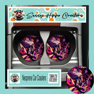 Car Coasters Neon Rocker Music Rock Band Guitar Set of 2 Neoprene Absorbent - Picture 1 of 6