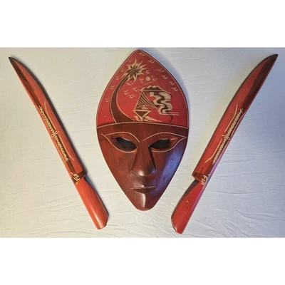 Hand Carved Vintage Fiji Tribal Mask and Swords - Image 1 of 4
