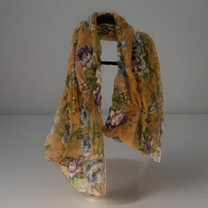Scarf Scarves Wrap Accessory Women Professional Oblong Floral Tan Blue Purple - Picture 1 of 4