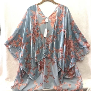Francesca’s Phoebe Floral Kimono Women’s One Size Blue Velvet Burnout Bohemian - Picture 1 of 10