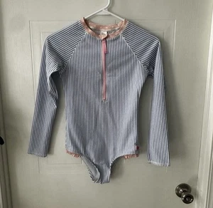 Ruffle Butts Girls Size 12 Blue Stripe Long‑Sleeve Rashguard Swimsuit One‑Piece - Picture 1 of 5