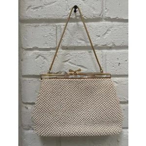 Vintage Pearl Inlaid MOP Kiss Lock Beaded Evening Bag Purse Hand Bag - Picture 1 of 6