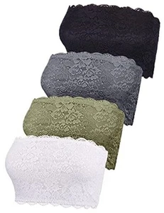 4 Pieces Women Lace Bandeau Bra Tube Top Elastic Strapless No Sponge Pad No - Picture 1 of 6