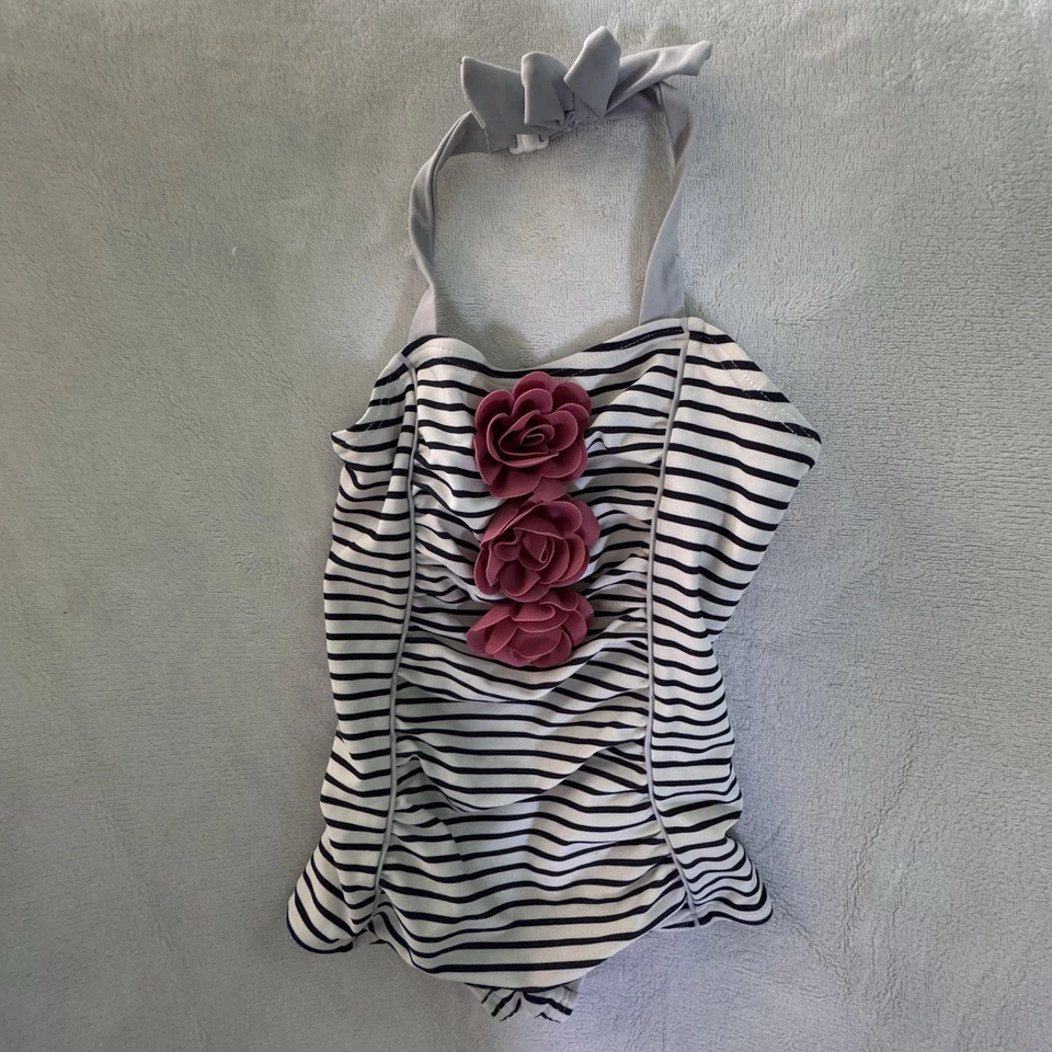 Traje de baño Janie And Jack a rayas flor de una pieza niñas 2T azul marino/blanco rosa flores Foto 1 de 4