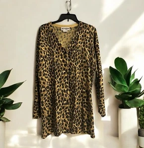 Vtg Joan Leslie Women’s M Tunic Cardigan Brown Black Leopard Print Acrylic - Picture 1 of 6