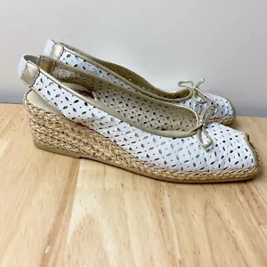 JHAY Espadrilles Size 38 White Gold Leather Peep Toe Wedge Heels Made in Spain - Picture 1 of 10