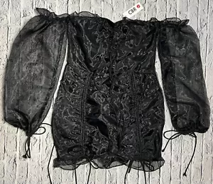 NWT CBR Sexy Little Black Dress Sheer Long Sleeve Cinch Off Shoulder Small - Picture 1 of 8