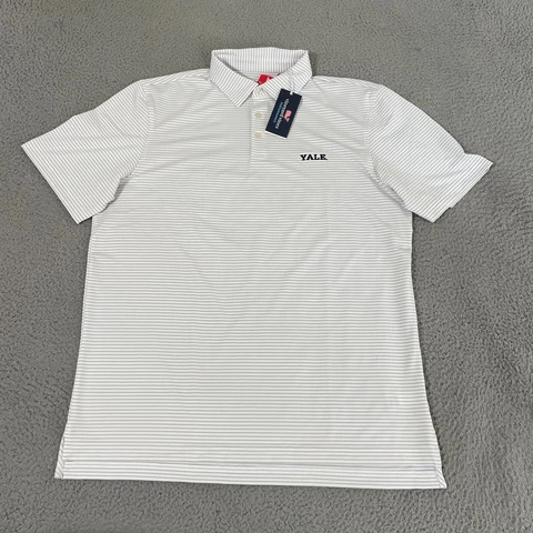 Yale University Vineyard Vines Performance Polo Shirt Mens Large White Striped Cover
