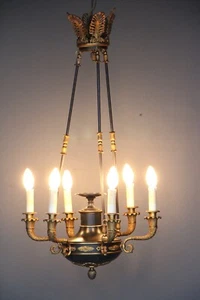 Antique Large French Empire gilt brass chandelier with 6 arms dark patinata 1930 - Picture 1 of 16